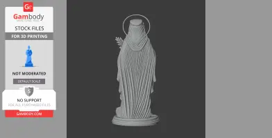 A textured statue of a robed figure with a halo, viewed from the back on a pedestal.