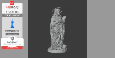 Statue of a saint holding a cross and palm, with a halo and detailed drapery, on a round base.