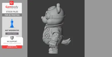 Steampunk-style bear figure with goggles, gears, and mechanical suit, standing side view.