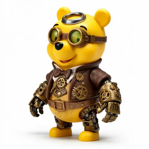 Steampunk Winnie the Pooh figure with goggles and gear-adorned clothing, ready for 3D printing.