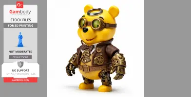 A steampunk bear figure in goggles and a gear-adorned outfit, ready for 3D printing.