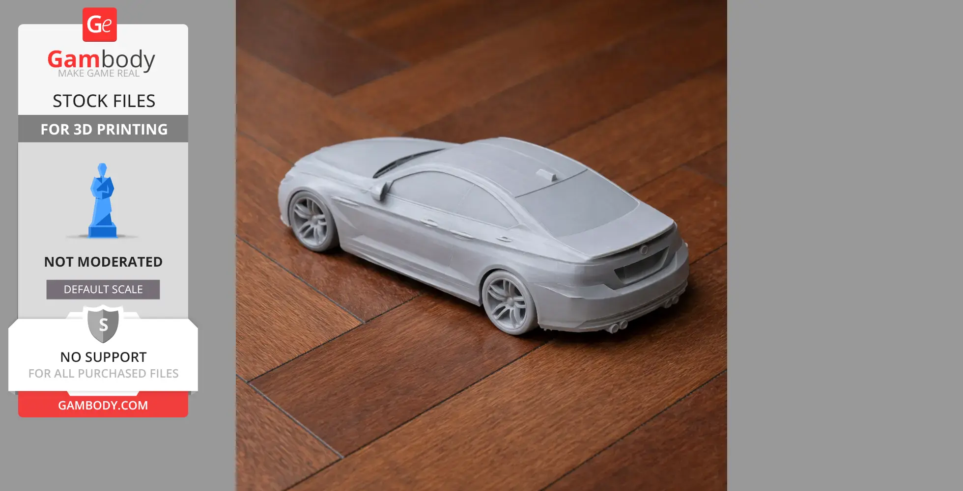 3D-printed BMW M6 model on wooden floor, viewed from rear left angle.