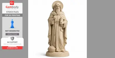 A statue of Saint Agathon of Scetis with a staff and scroll, standing on a detailed base with a basket.