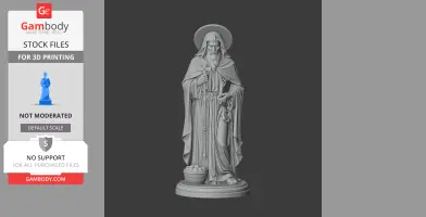 A statue of a bearded figure in robes with a halo, holding crosses, next to a basket on a round base.