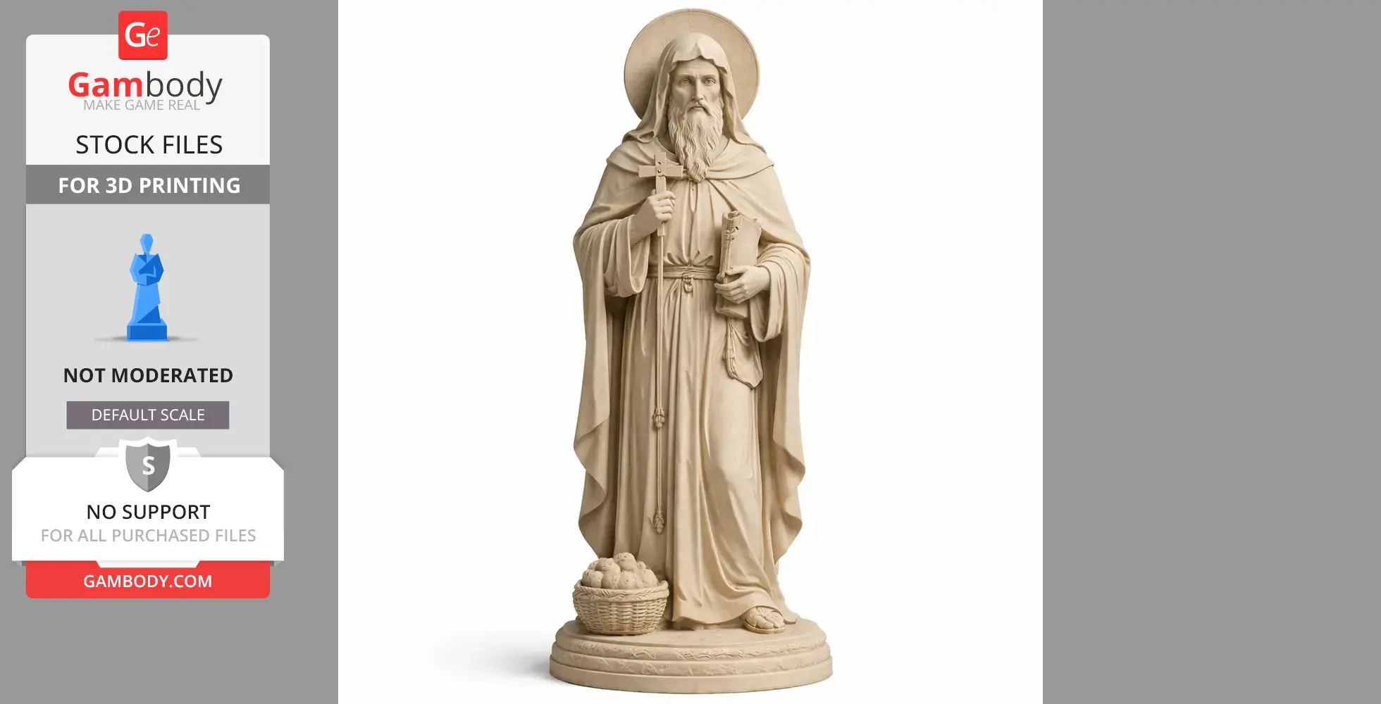 A statue of Saint Agathon of Scetis with a staff and scroll, standing on a detailed base with a basket.