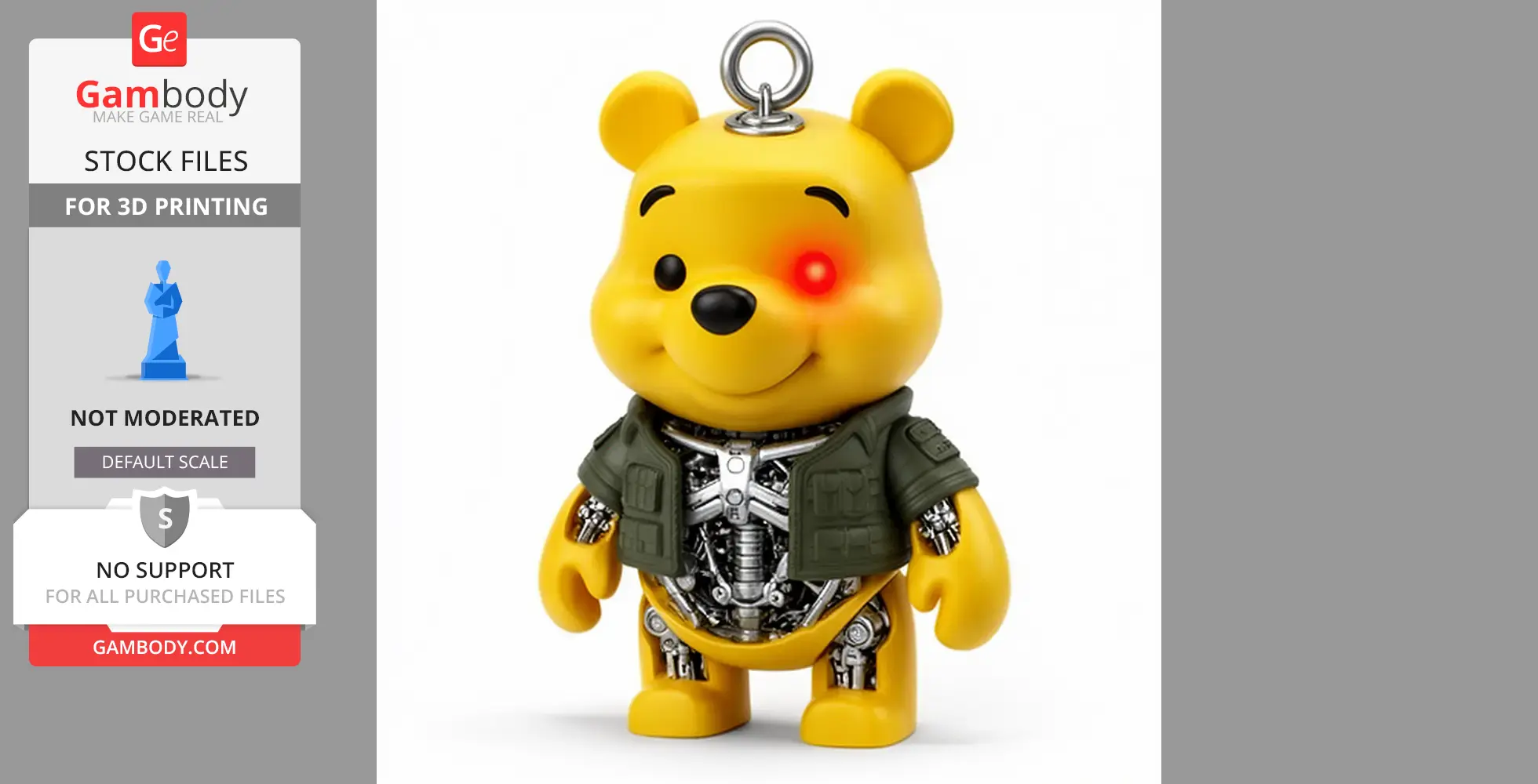 A mashup figure of a bear with robotic features, one glowing eye, and wearing a green jacket.
