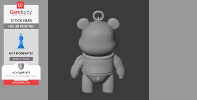 A 3D model of a bear-like figure with robotic armor and a keyring atop, viewed from the back.