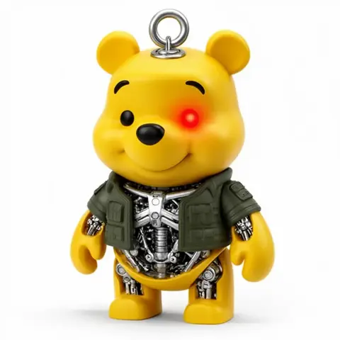Winnie the Pooh with Terminator elements, exposed robotic parts, and a glowing red eye.