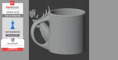 Gray 3D model of a mug with a stag head and antlers integrated into the handle.