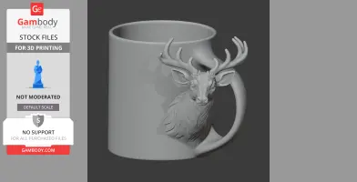 3D model of a mug with a detailed stag head forming the handle. Perfect for 3D printing.