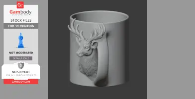 Gray 3D model of a cylindrical mug with a detailed stag head relief on the side.