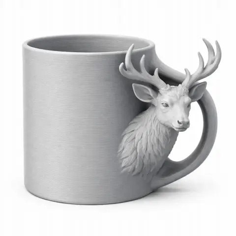 Gray mug with a detailed stag head as the handle, featuring impressive antlers and realistic fur texture.