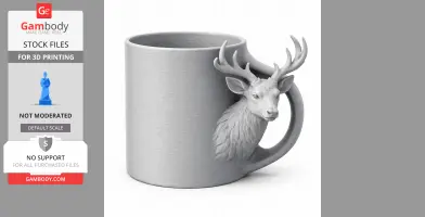 A mug with a stag head and antlers as the handle, designed for 3D printing.