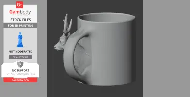 A 3D model of a mug with a stag's head integrated into the handle for 3D printing.