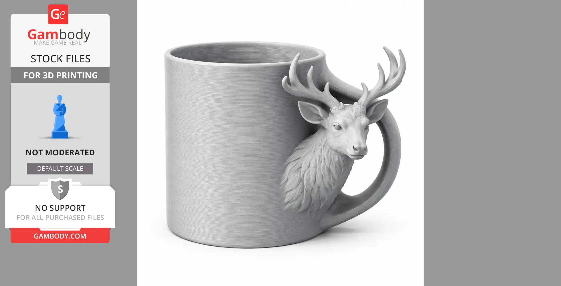 A mug with a stag head and antlers as the handle, designed for 3D printing.