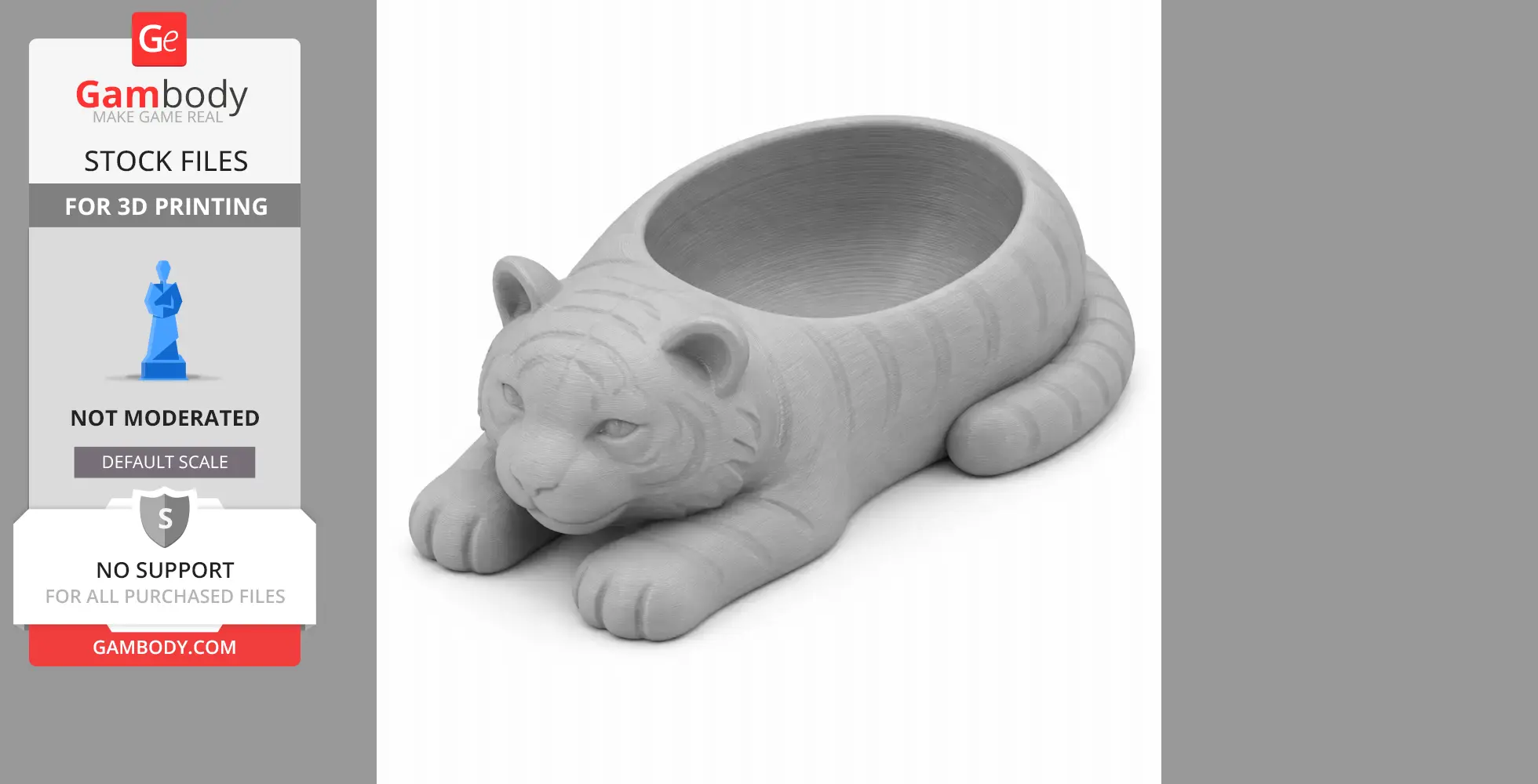 Gray 3D model of a tiger-shaped bowl with an open back for storage or display.