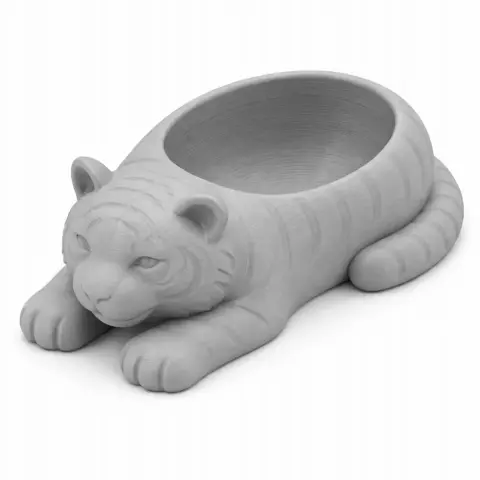 3D printed tiger-shaped bowl with intricate facial and body details, designed for wall mounting.