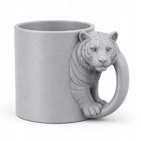 A 3D-printed mug featuring a tiger design where the handle resembles a tiger's body.