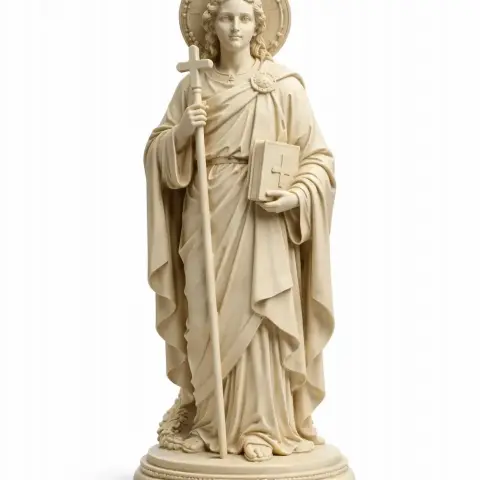 A detailed statue of a robed figure holding a book and staff, wearing a halo, standing on a decorative base.