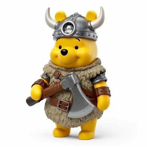 Viking-themed Winnie the Pooh figure holding an axe, wearing a helmet and fur outfit.