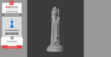 A detailed 3D model of a saintly figure in robes holding a staff, suitable for 3D printing.