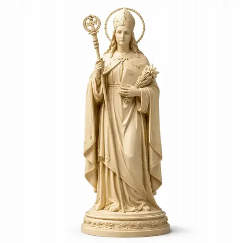 A detailed 3D statue of a saint wearing a mitre, holding a staff and lilies, on a round base.