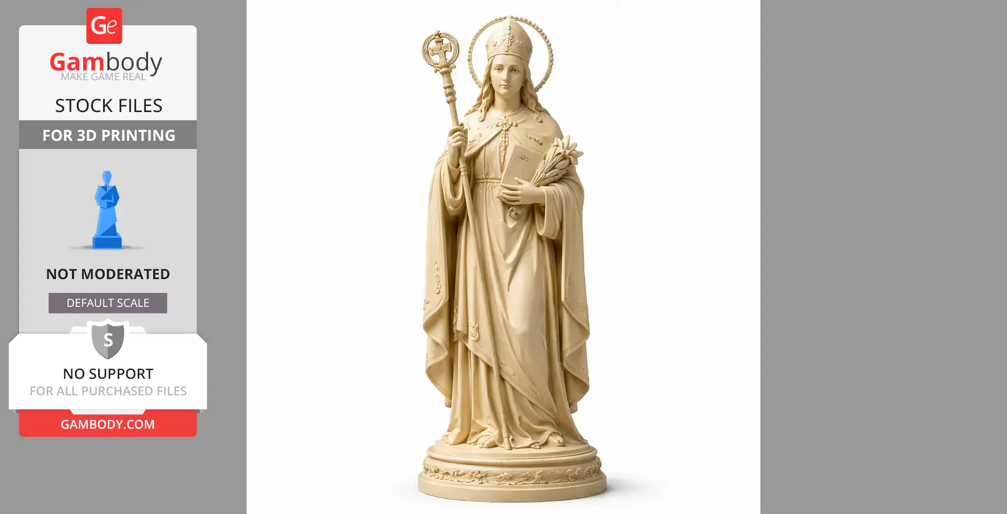 A devotional statue of Saint Agilberta holding a staff and a book, in intricate robes, made for 3D printing.