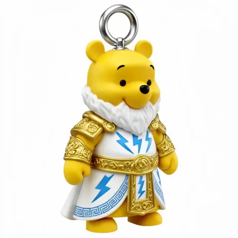 A figure of a bear dressed as Zeus, with golden armor and lightning motifs, resembling a keychain.