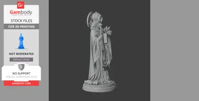 A detailed 3D model of a saint with a halo, holding a staff and book, wearing elaborate robes.