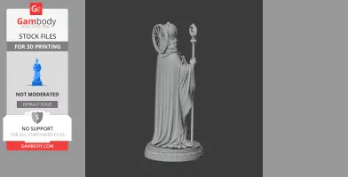 A 3D model of Saint Agilulfus wearing robes, holding a staff, with a wheel-like halo, on a decorative base.