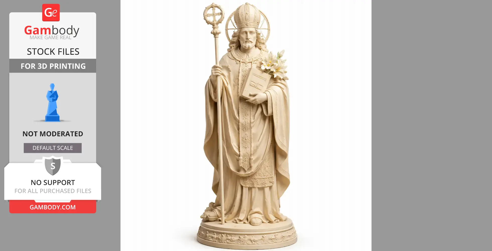 Saint figure in robes holding staff and book, decorated with lilies on a detailed base.