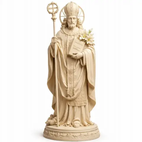 3D model of a saintly figure in robes with a staff, book, and floral detail, posed on a decorated base.
