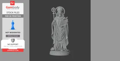 A detailed 3D model of a saint in robes, holding a staff and book, adorned with a mitre and flowers.