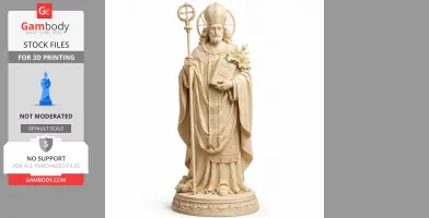 Saint figure in robes holding staff and book, decorated with lilies on a detailed base.