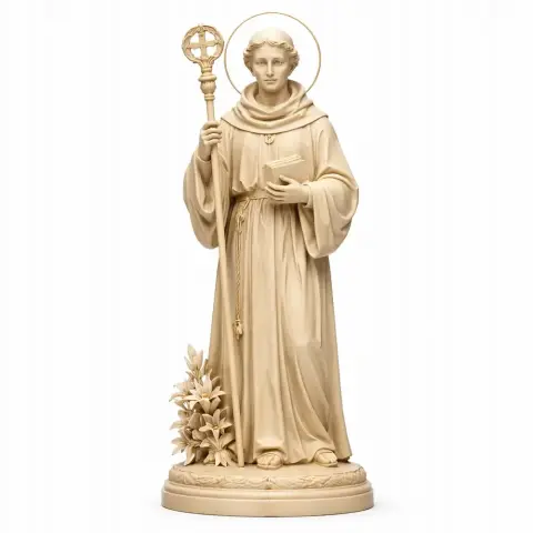A detailed statue of a robed figure holding a staff and book, with a halo and foliage at the base.