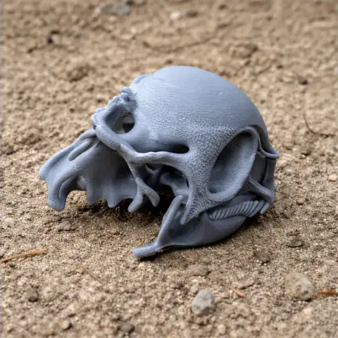 3D-printed archosauriform skull replica resting on a sandy surface.