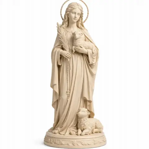 A devotional statue of Saint Agnes holding a lamb and palm, standing with gentle expression and detailed robes.