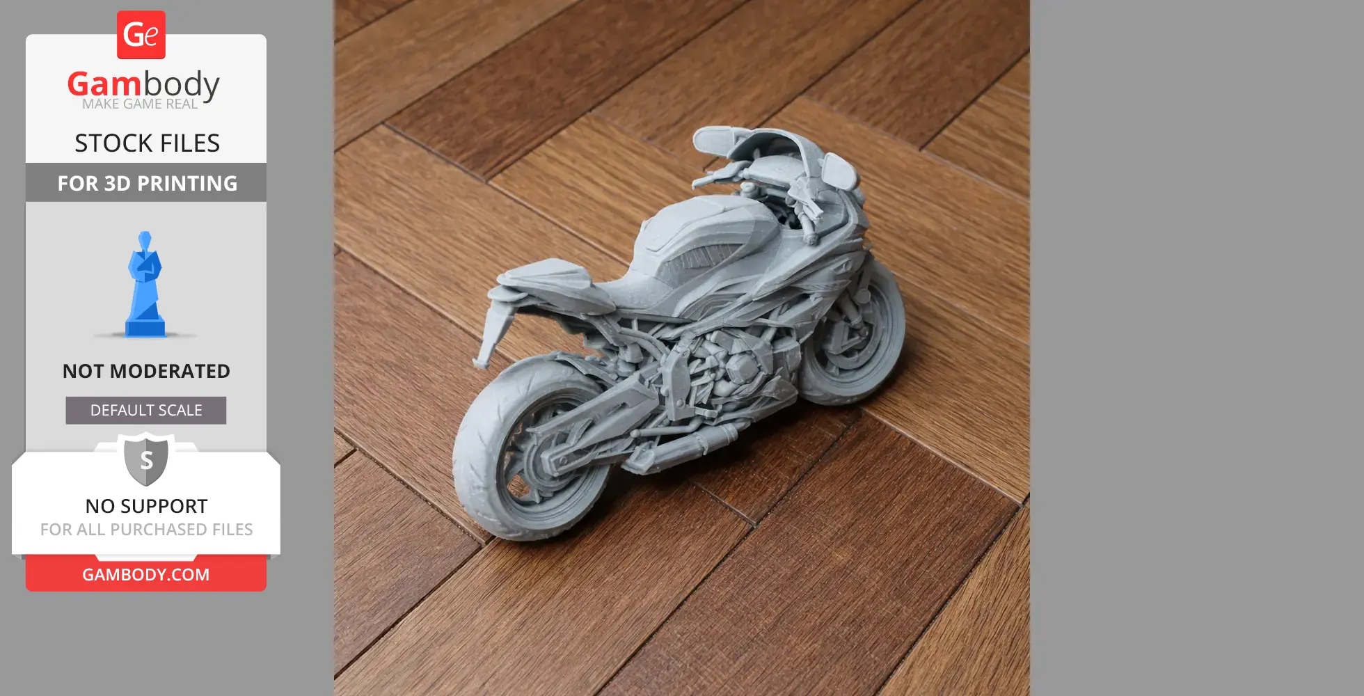 3D-printed BMW S1000RR motorcycle model on a wooden floor.