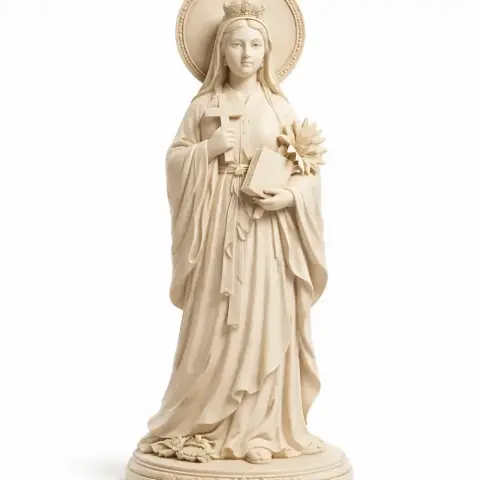 A serene statue of a woman in robes, holding a cross and a flower, with a halo behind her head.