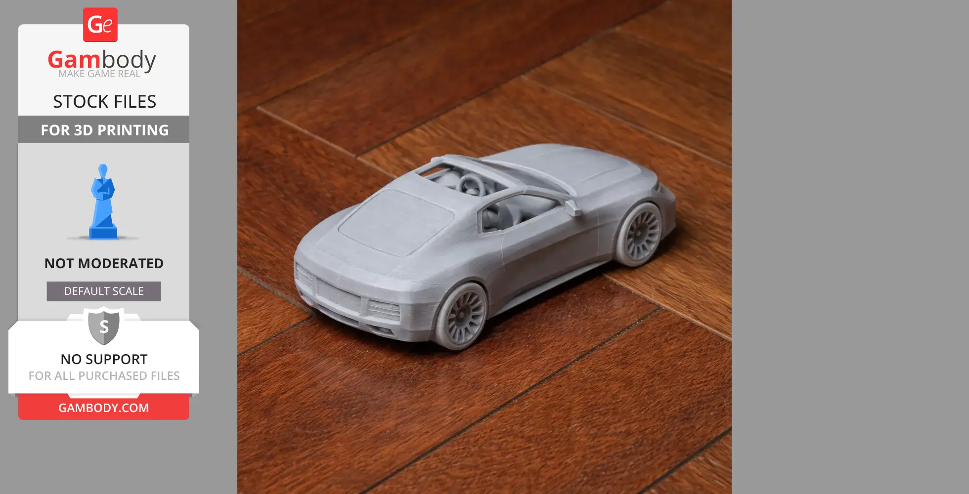 3D-printed scale model of a car on wooden floor, showcasing intricate design detail.