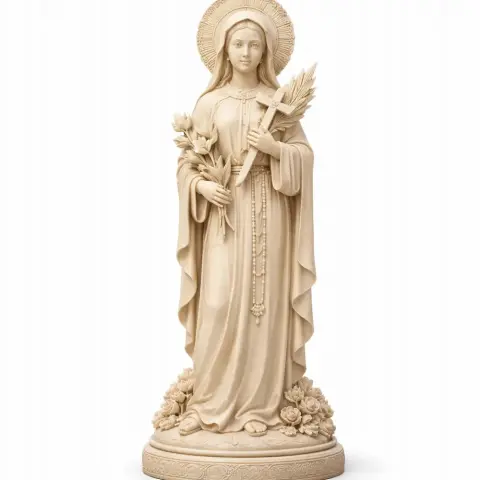A statue of Saint Agnes Le Thi Thanh holding a cross and lilies, adorned with a halo and detailed base.