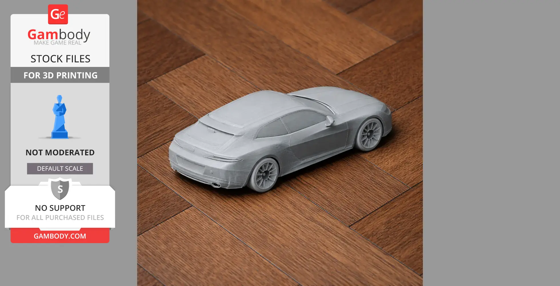 3D printed model of a sleek car on a wooden surface, from the rear side view.