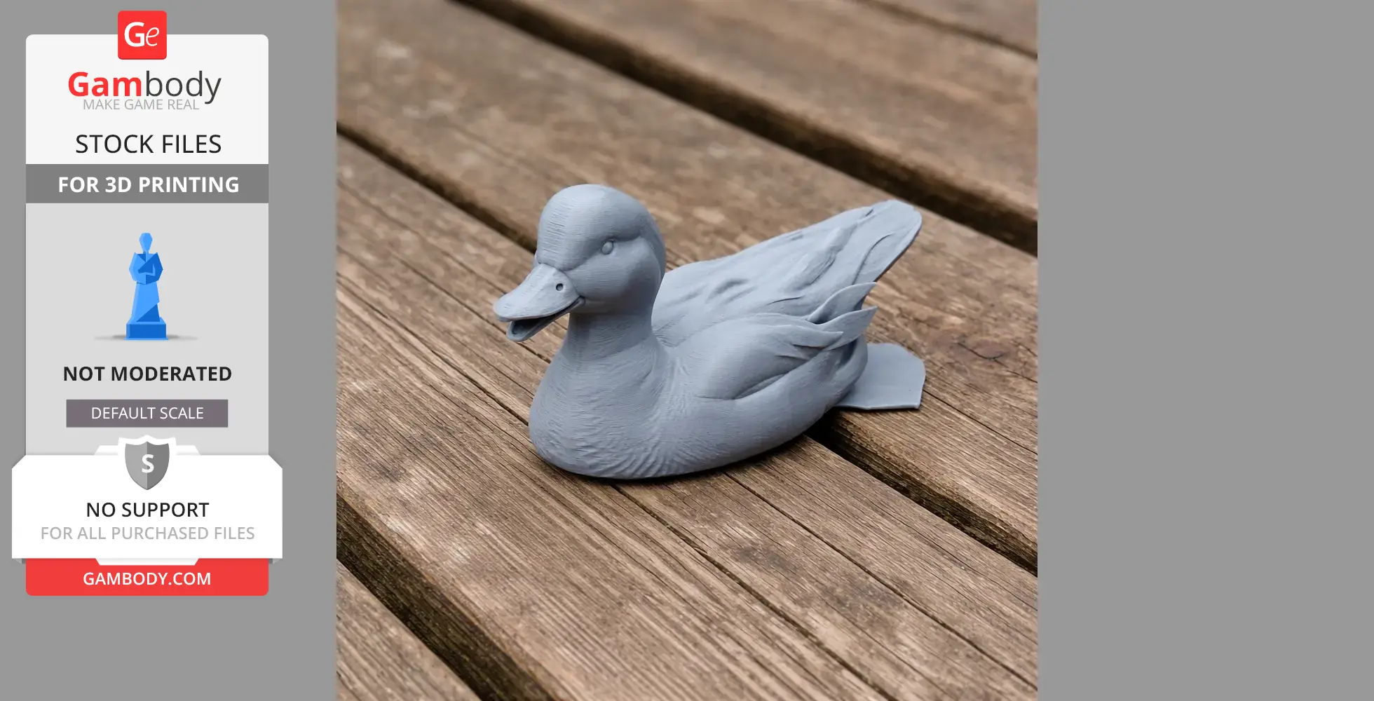 3D-printed American wigeon model, gray, placed on a wooden surface.