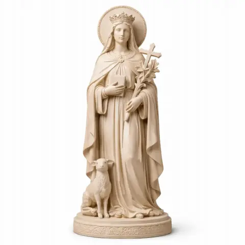 A serene statue of a crowned woman holding a cross and lilies, standing with a lamb at her feet.