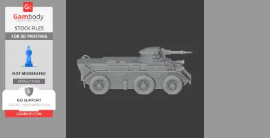3D model of a six-wheeled military vehicle with a turret and cannon, designed for 3D printing.