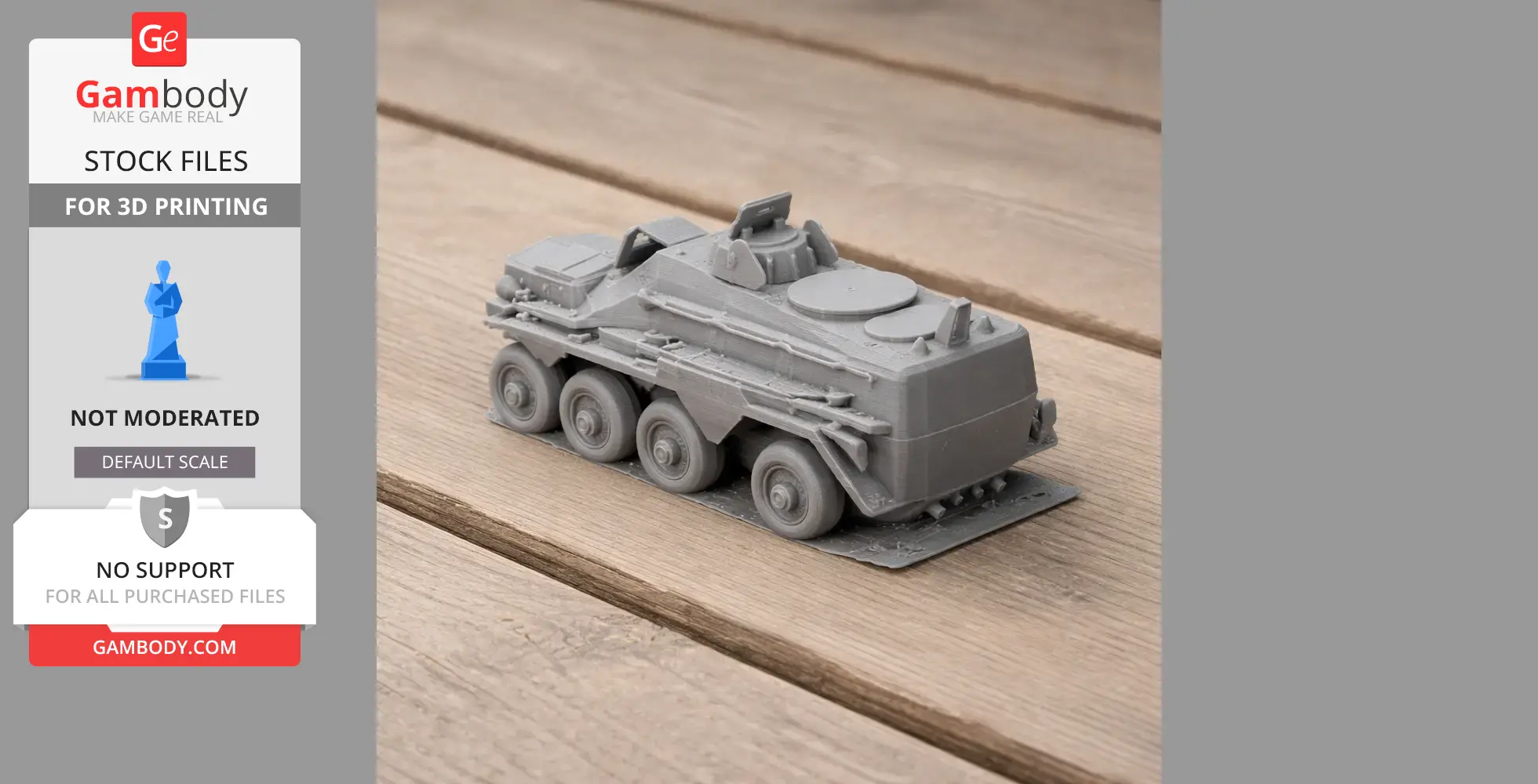 Detailed 3D-printed model of an Alvis Saracen tank, showcasing intricate details on wooden surface.