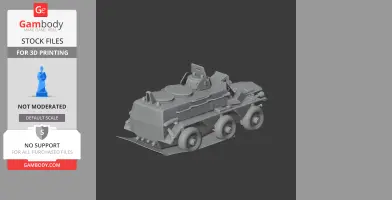 3D model of a six-wheeled armored military vehicle with turret, ready for 3D printing.