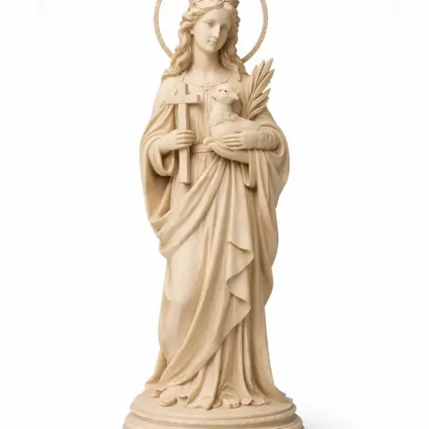 A statue of Saint Agnes holding a lamb and palm branch, adorned with a halo and flowing robes.