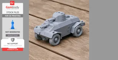 3D printed model of the Alvis Straussler AC3 armored car on a wooden surface.