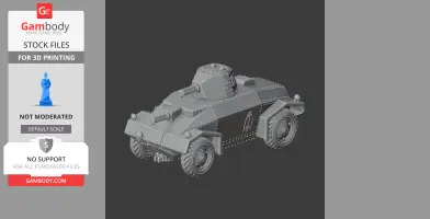 A detailed 3D model of a four-wheeled armored tank with riveted plating and a turret for 3D printing.